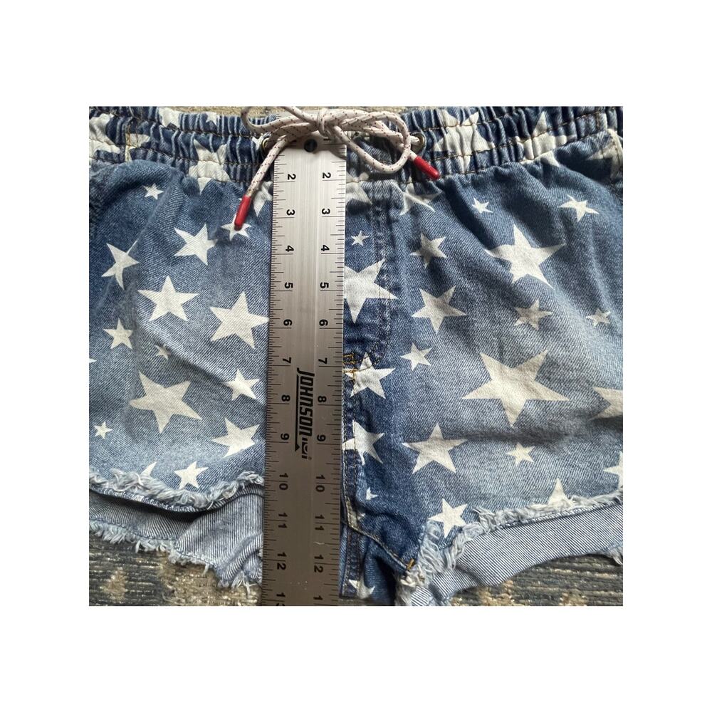 Women's L Star Spangled Print Denim Drawstring Shorts Frayed Hem Poppy Style GUC - Picture 6 of 6